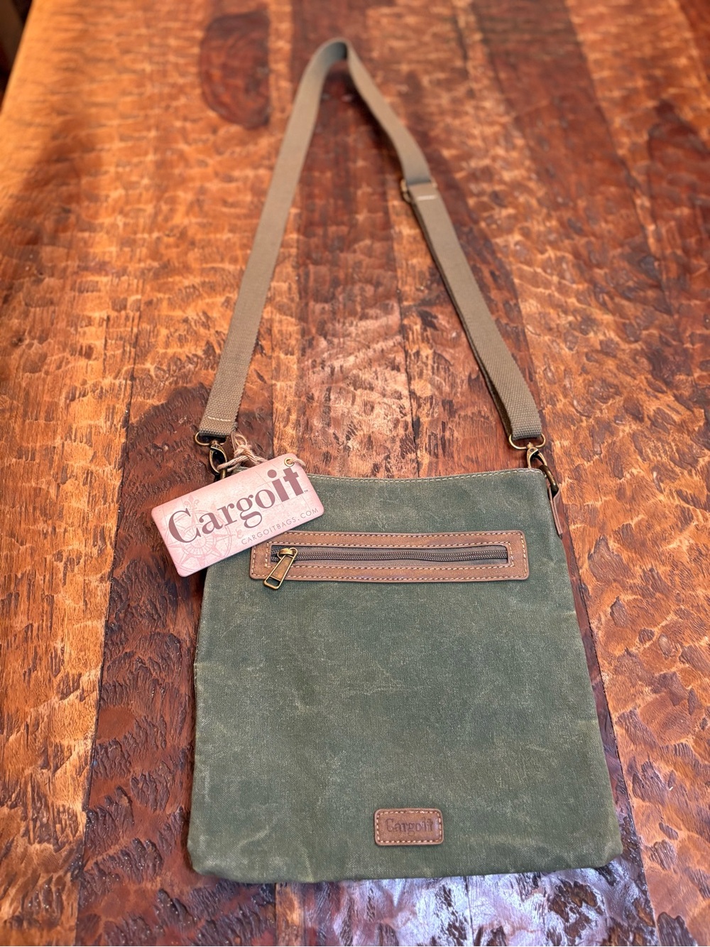 Cargoit Olive Green Canvas Crossbody Bag with Brown Trim